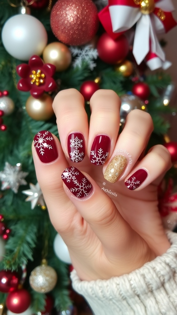 Maroon Christmas nail art with snowflakes and glitter accents on a festive background.